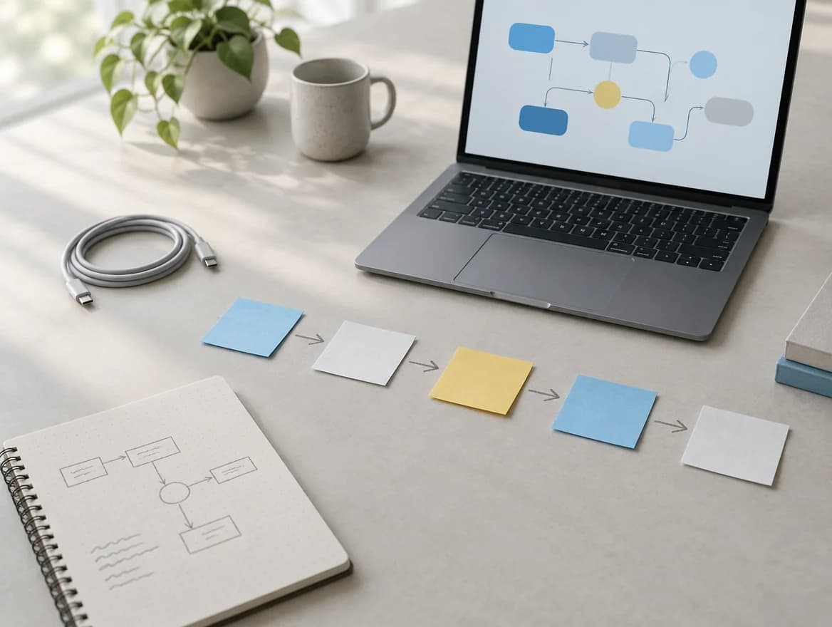 Ilustrace: notebook s vývojovým diagramem, lístečky seřazené do postupu se šipkami a blok s nakresleným schématem